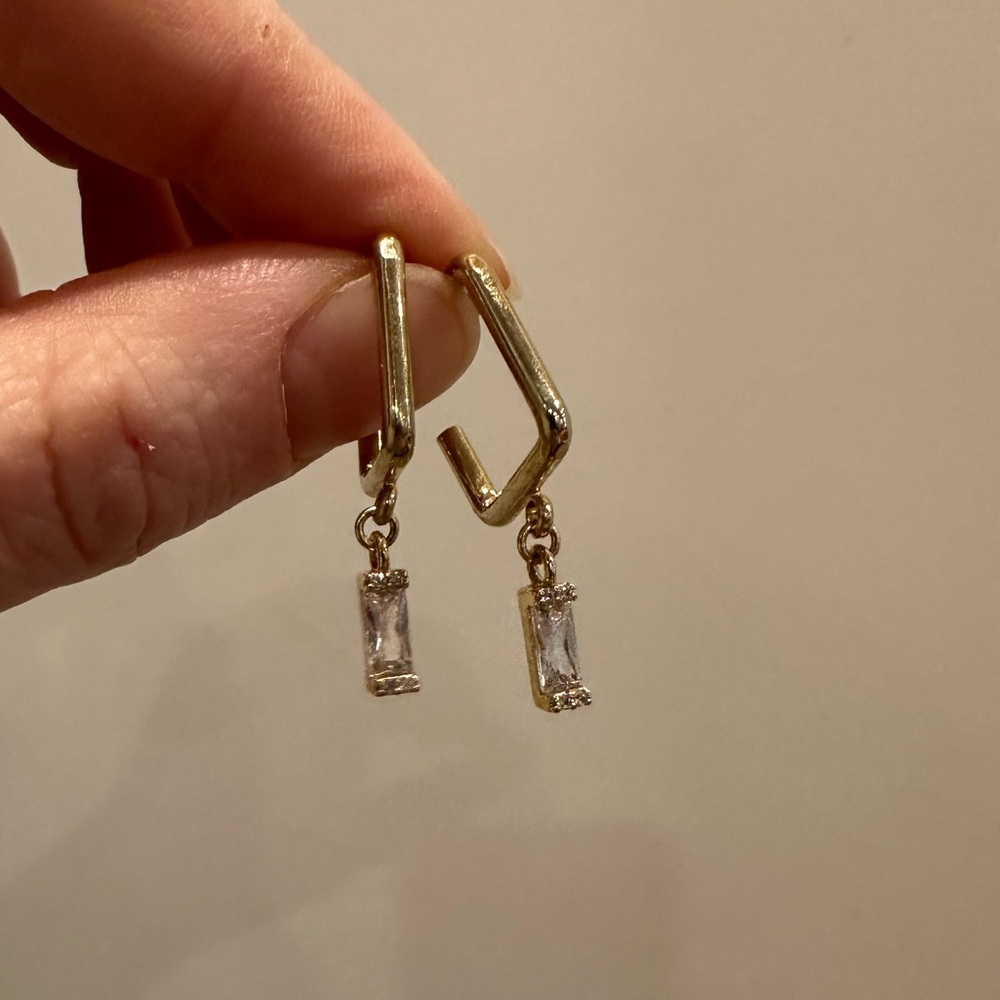 Square Goldtone Huggie Earrings with CZ Baguette Drop